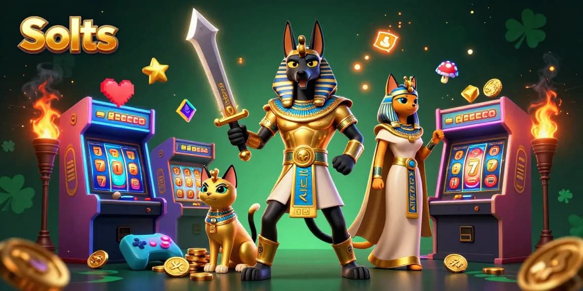 Engage with exciting Slots in a vibrant casino-themed 3D scene featuring Anubis and Bastet.