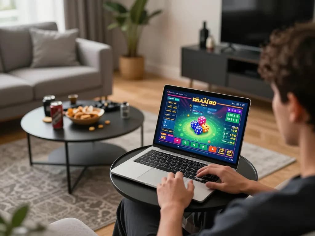 Engaging with app tài xỉu online on a laptop in a cozy home setting, reflecting an immersive gaming experience