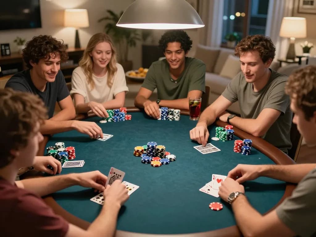 Players enjoying a heated poker game at home, highlighting MM 99 strategies and engaged friendships.