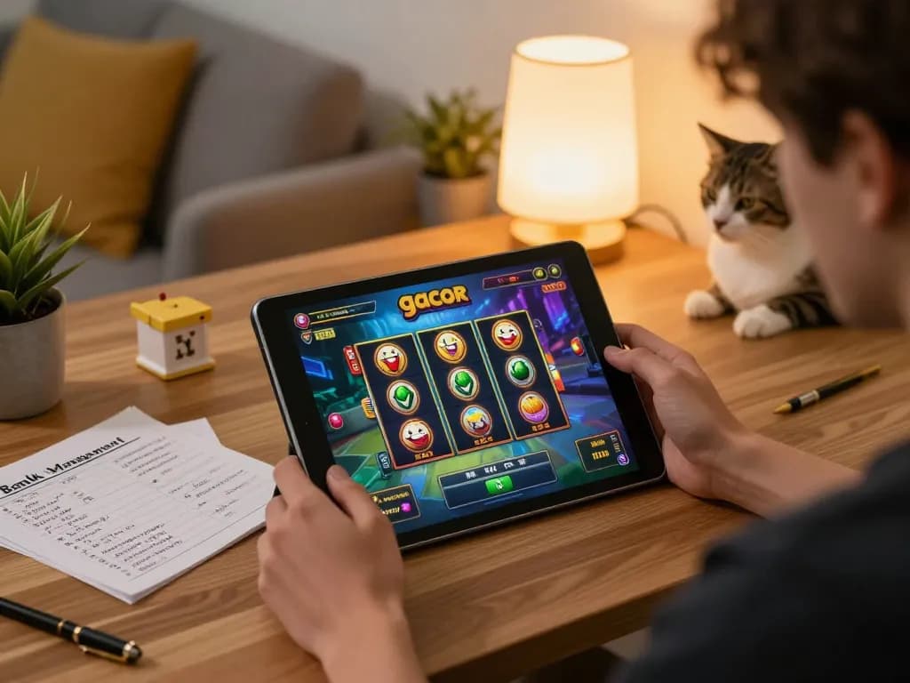Engaged player spinning the reels on slot gacor while managing their bankroll in a cozy home setting.