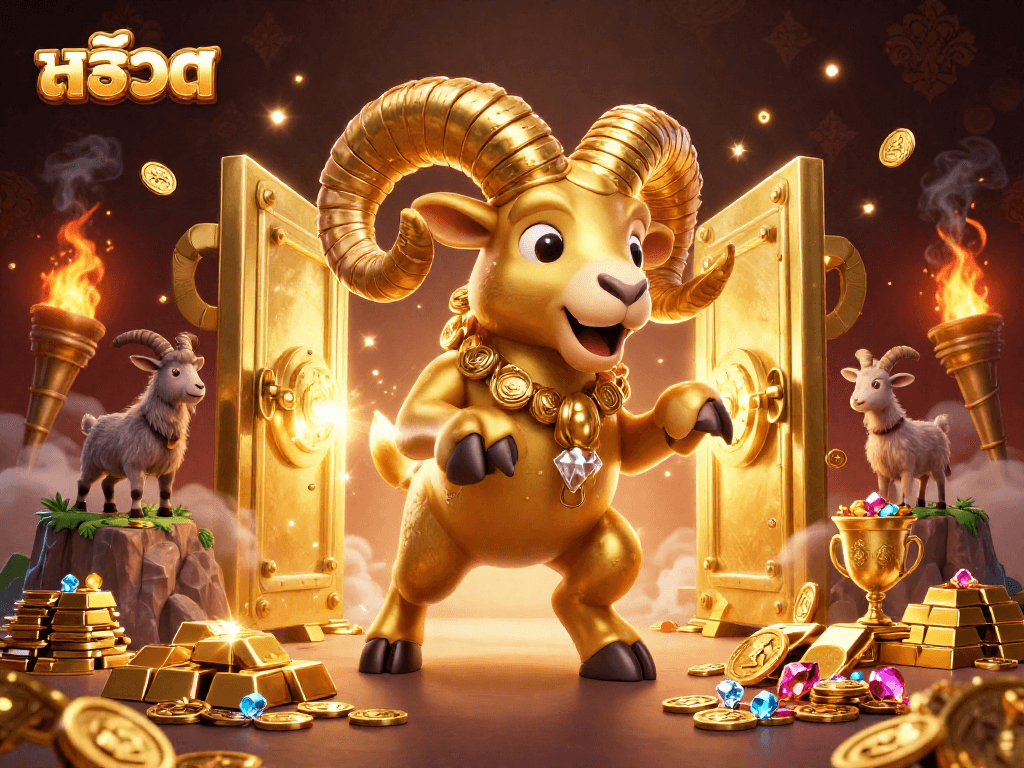 Spin the สล็อต jackpot as golden ram charges through treasure vault bursting with jewels and coins!