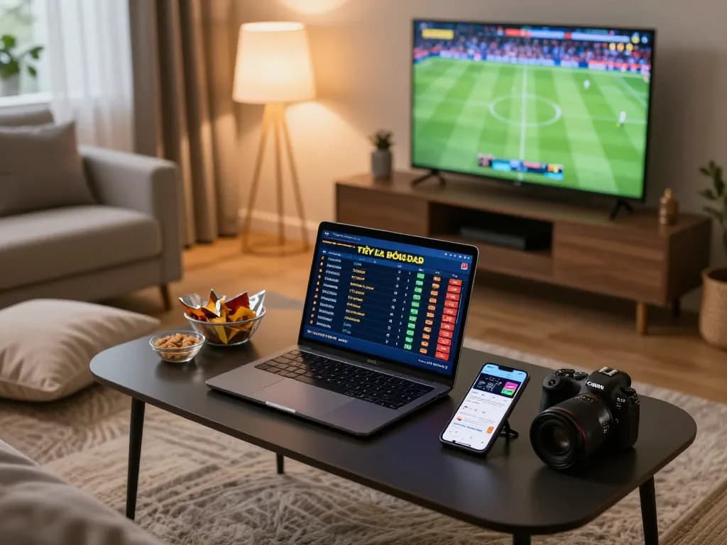 Engaging home sports betting scene featuring Tỷ Lệ Bóng Đá odds on a laptop and smartphone.