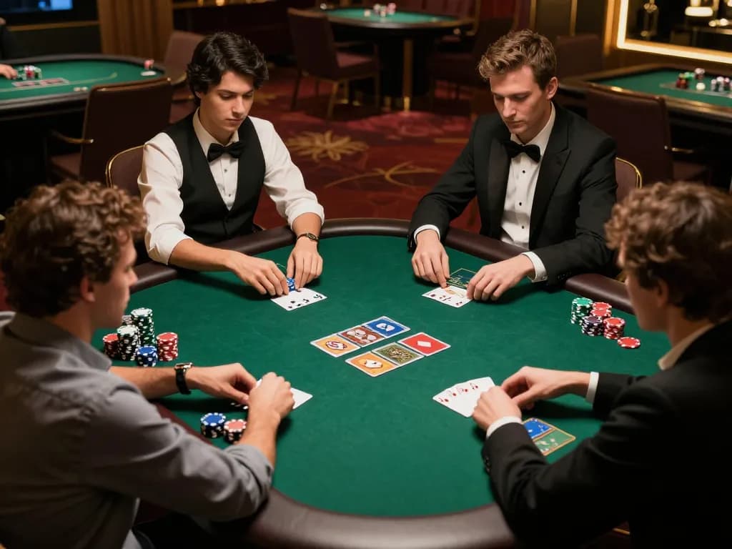 Rik vip players strategizing at a poker table in an upscale casino atmosphere