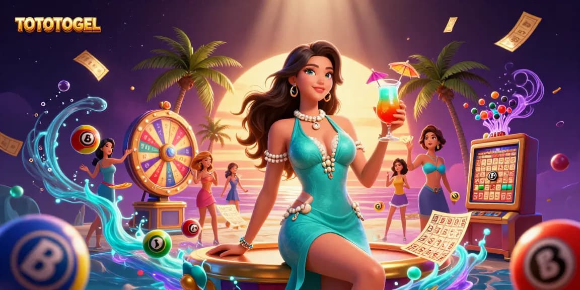 Engage with TOTOTOGEL in an immersive online gambling scene, showcasing vibrant lottery elements and a glamorous casino atmosphere.