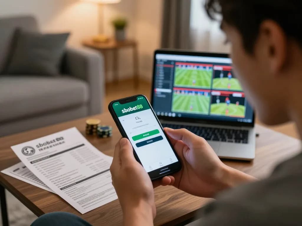 SboBet88 login made easy with a smartphone in a vibrant home betting environment