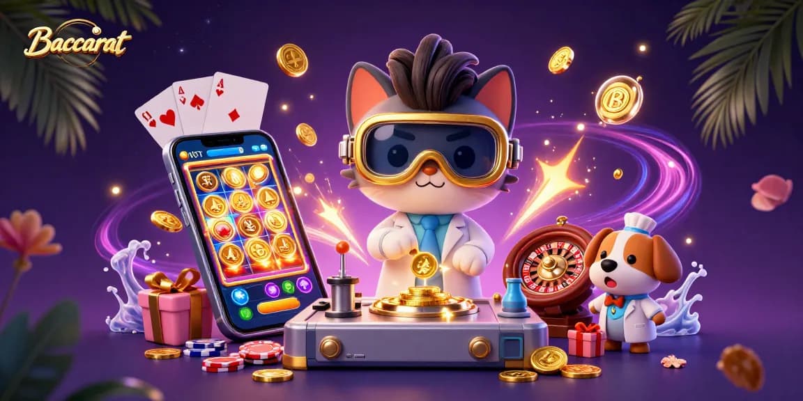 Baccarat scene depicting a mad scientist cat and dog creating a gold-coin machine amidst a colorful casino backdrop