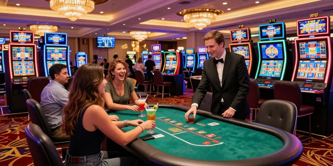 Engaging casino au88 gaming scene with players at roulette table and slot machines.
