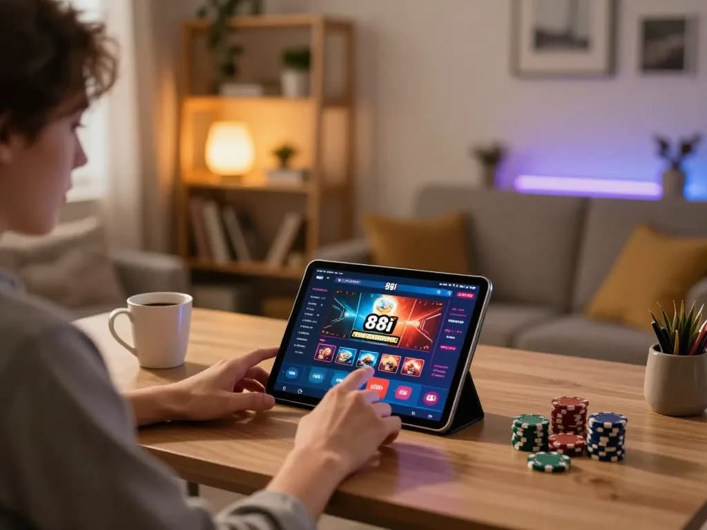 A player enjoying online casino games on 88i tablet while surrounded by personal decorations.