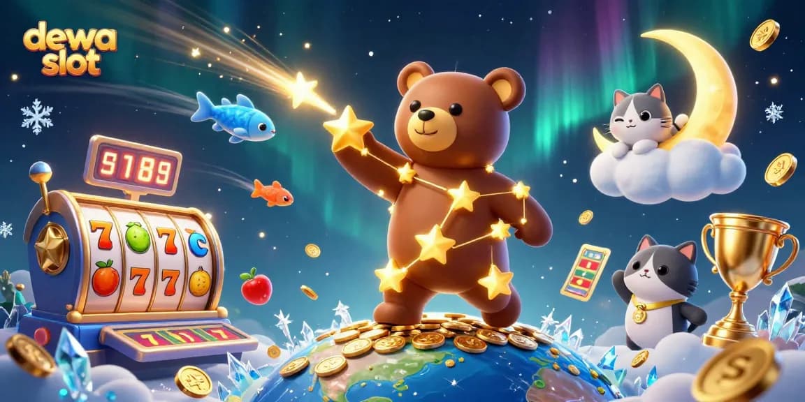 Play dewa slot with vibrant characters and spinning reels in this dynamic casino illustration.