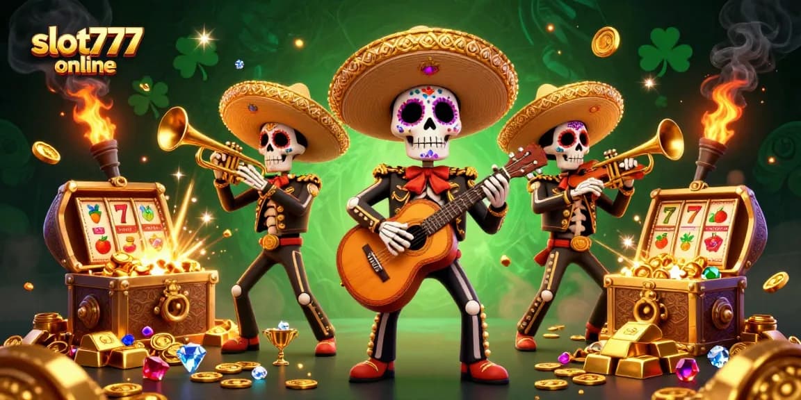 Experience the thrills of slot777 online with a vibrant mariachi band in a treasure-filled scene.