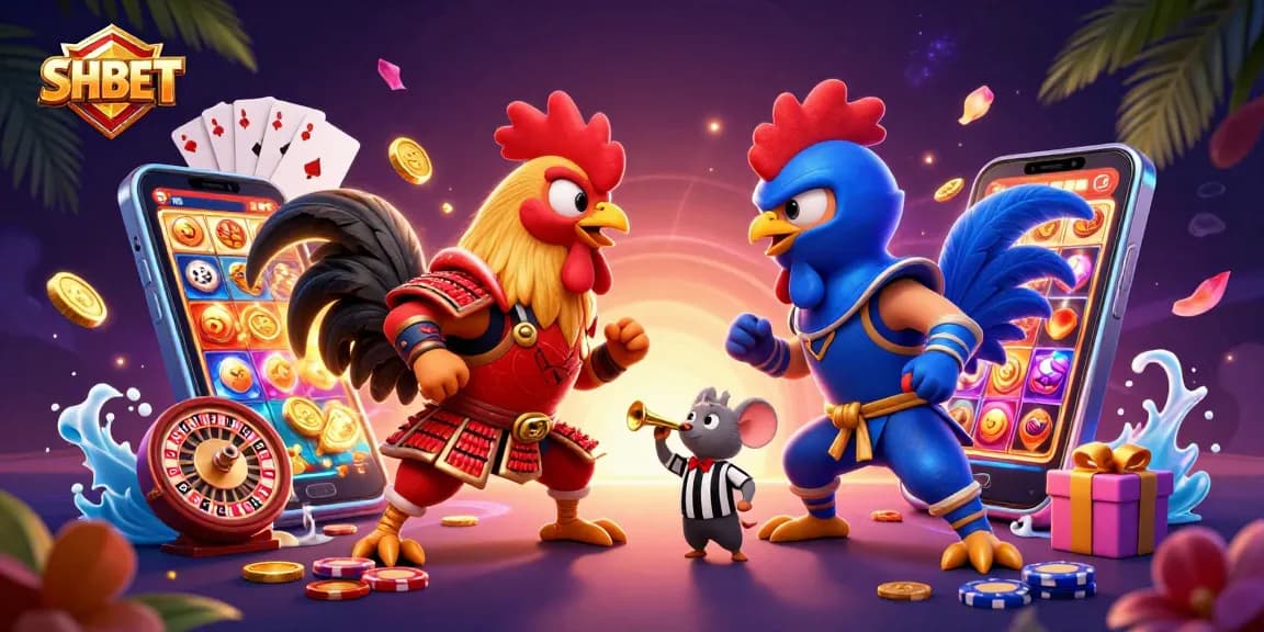 Engage with SHBET in an exciting casino showdown featuring energetic roosters and dynamic gaming elements.