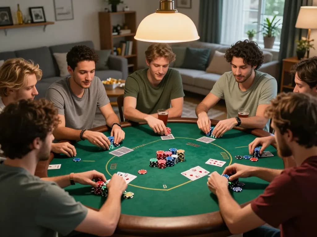 Friends enjoying poker night at home with TR88-themed strategy, chips and cards prominently displayed.