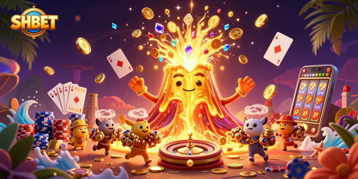 Engaging SHBET gaming experience illustrated with a vibrant volcanic eruption of coins, gems, and triumphant characters.