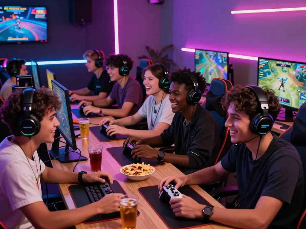Friends enjoying a competitive online gaming session on Dewi100 with colorful LED lights and snacks.