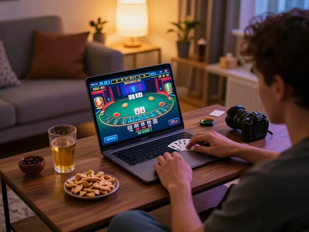 Engaging in strategic blackjack gameplay online with NEGO77, showcasing cozy home setup and vibrant graphics.