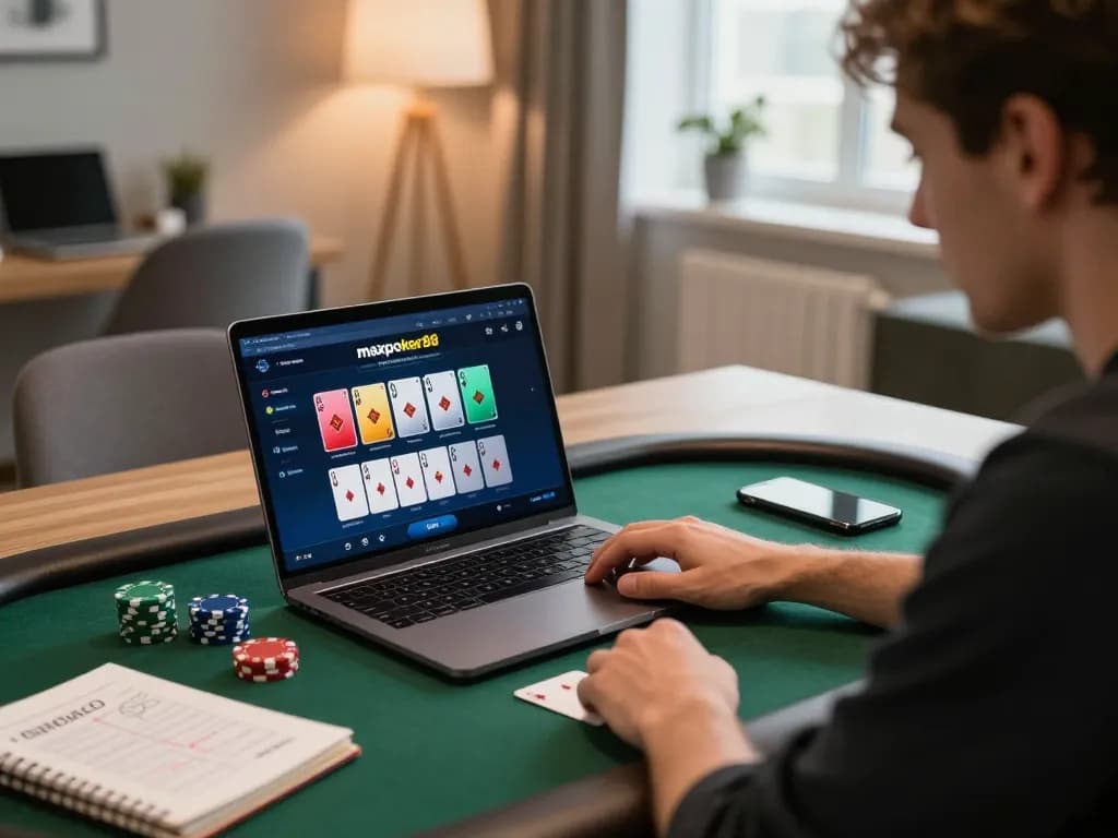 Player strategizing in maxpoker88 online poker session from home office, laptop focused on gameplay interface