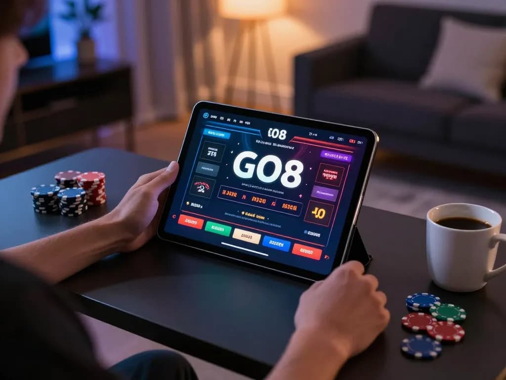 Experience the excitement of GO8 casino gaming on a tablet in a stylish home setup