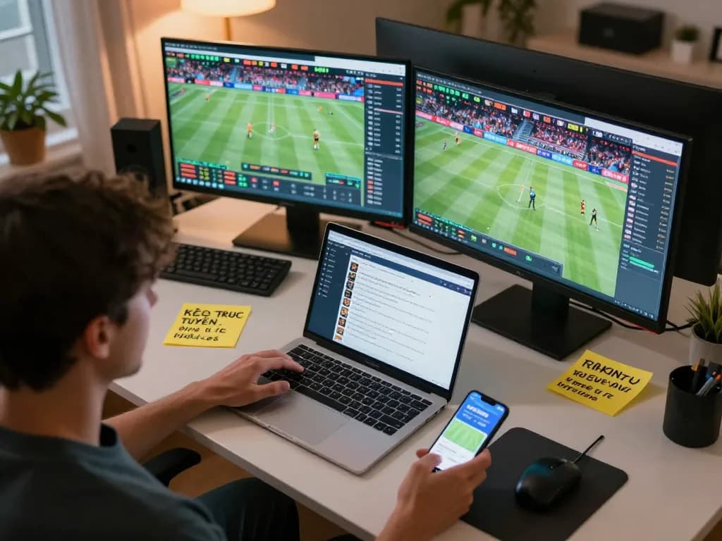 KÈO TRỰC TUYẾN interface displayed on multiple screens during a strategic online betting session
