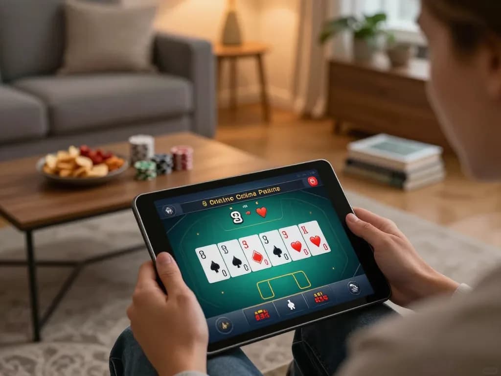 Sunwin player engaging in online poker game with strategic notes nearby in a cozy living room setting.