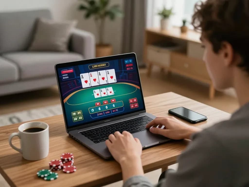 Engaging with 789F online poker game on a laptop for a responsible gaming experience.