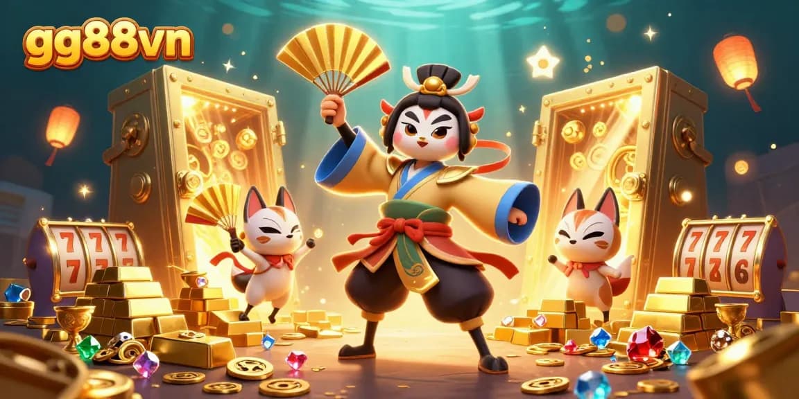 Join the excitement at gg88vn with a dynamic casino scene featuring kabuki warriors and treasure.