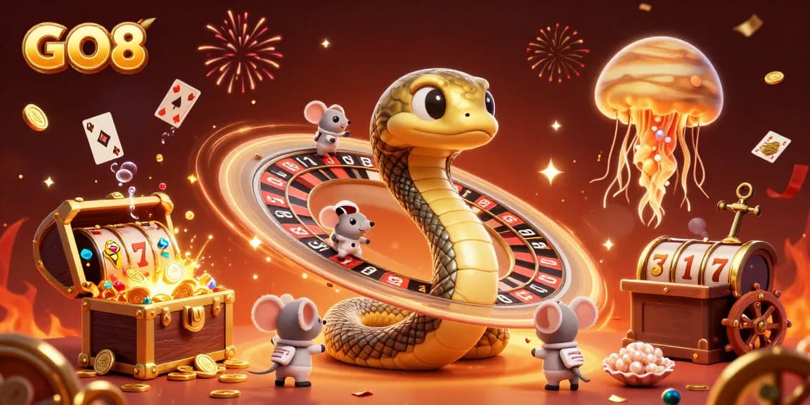Experience the excitement of GO8 with a cosmic casino scene featuring betting mice, slot elements, and golden treasures.