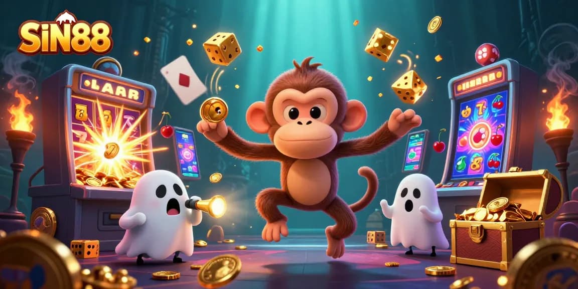 SIN88 showcases a lively casino scene with a playful monkey and a curious puppy, surrounded by vibrant gaming elements