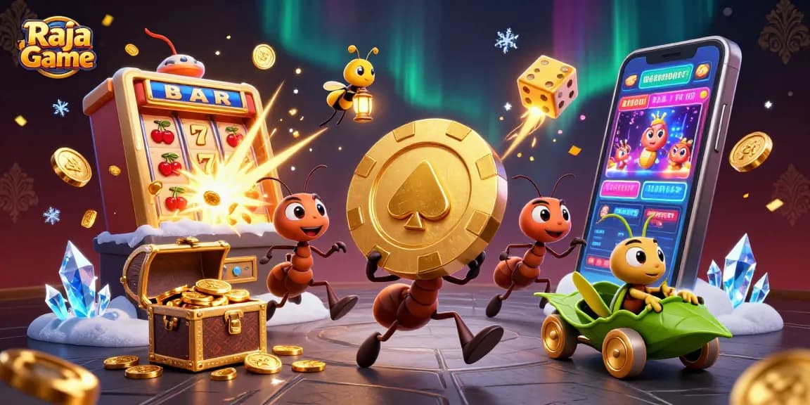 Join the thrilling action of Raja Game with ants in a heist carrying a giant poker chip amid casino jubilation.
