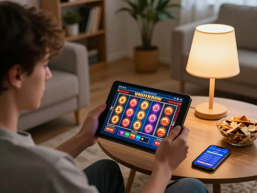 Suasana menarik di dalam rumah dengan persediaan permainan yang selesa, memaparkan seorang pemain yang menikmati slot dalam talian pada tablet.