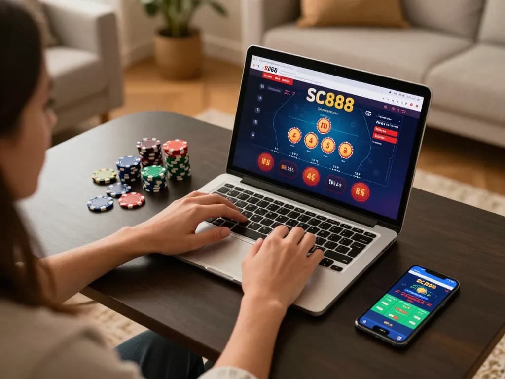 Engaging with SC888 live dealer games on a laptop with dynamic gameplay elements.