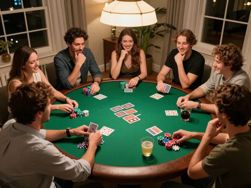 Kumpulan teman menikmati strategi malam poker di rumah dengan pengaturan meja SKY138.