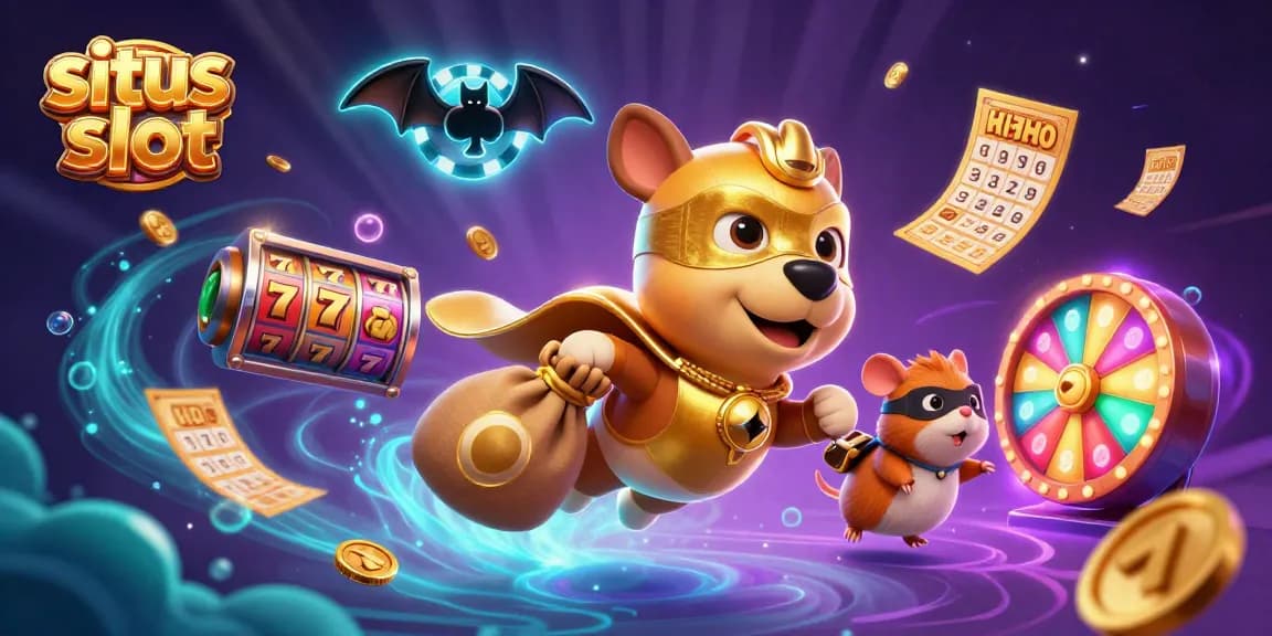 Visualisasikan situs slot yang menarik dengan anjing superhero dan elemen permainan kasino