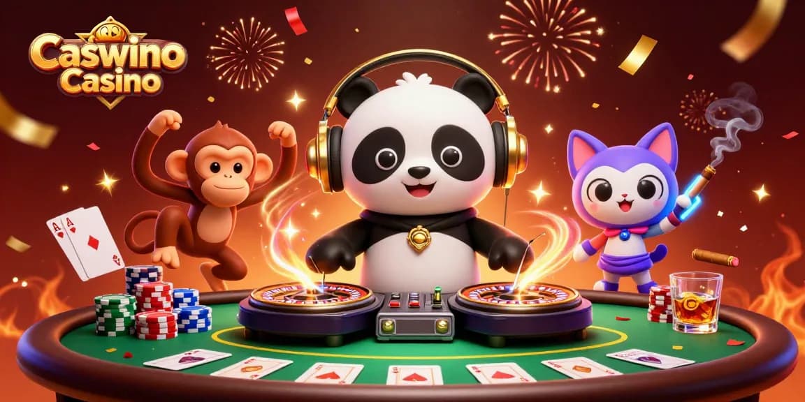 Experience excitement at Caswino Casino with a lively 3D illustration of a DJ panda, breakdancing monkey, and glowing kitten celebrating in a vibrant casino scene.