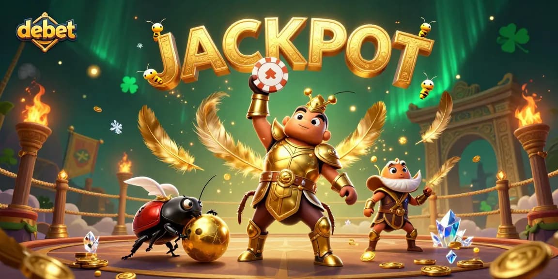Experience thrilling victories with debet as a hercules beetle lifts a poker chip in an exciting casino scene.