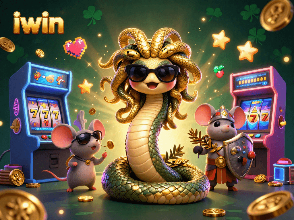 Experience the excitement of iwin in a vibrant casino scene filled with 3D characters and arcade gaming elements.