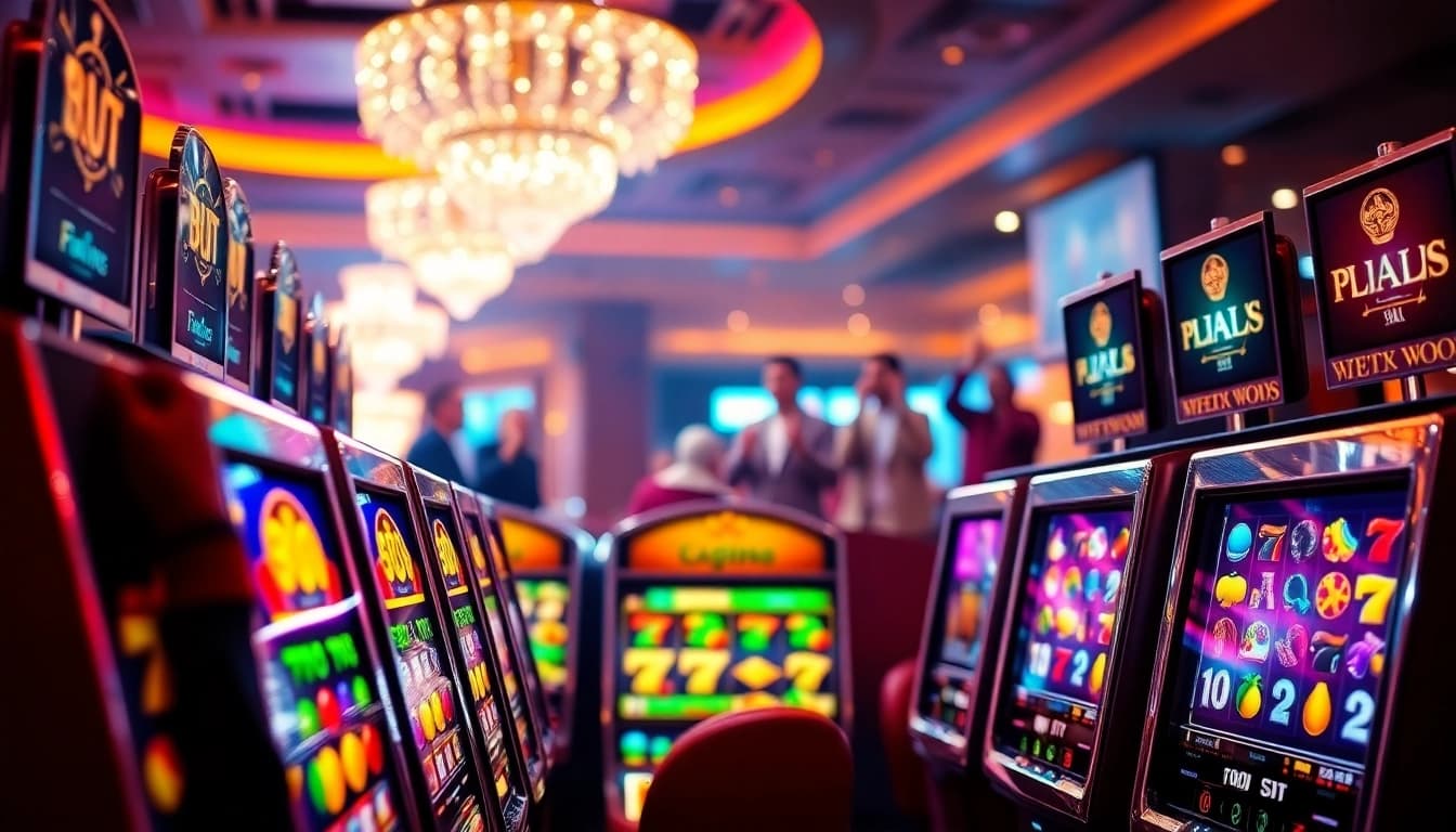Experience the excitement of best online slots in this vibrant casino scene with lively patrons and colorful machines.