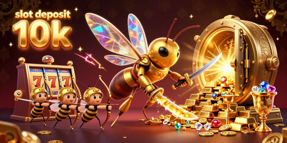 Engage with vibrant 3D casino illustration, featuring slot deposit 10k visuals and shimmering treasure elements for a gaming adventure.