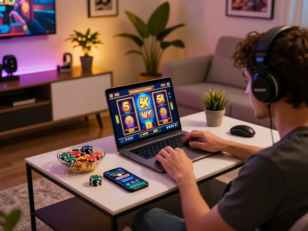 Playing an exciting slot 5k game on a laptop with chips and snacks nearby, creating an engaging online casino atmosphere.
