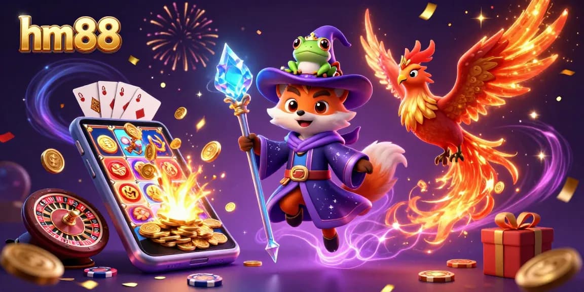 Experience the magic of hm88 with slots, cards, and casino excitement in a vibrant 3D scene.