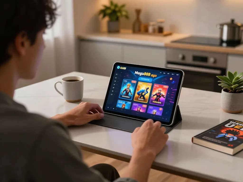 Engaging gameplay on mega888 apk shown on tablet at home, cozy atmosphere.