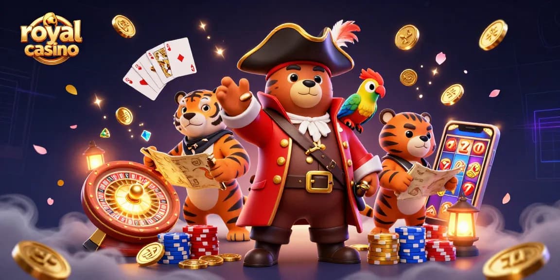 Engaging royal casino gaming scene with pirate bear, tiger, and magical elements.