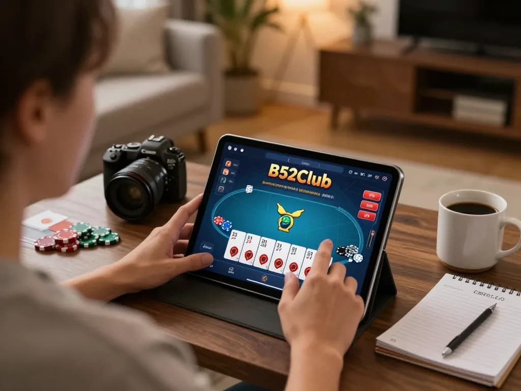 B52 players engage in a thrilling online poker game on tablet at home.