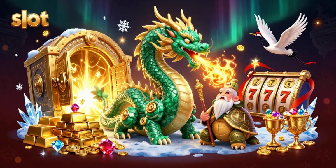 Permainan slot seru dengan naga giok dan kura-kura bijak di antara tumpukan emas dan permata.