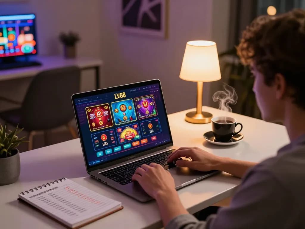 Player engaging in online LV88 casino gaming with detailed strategy notes on desk