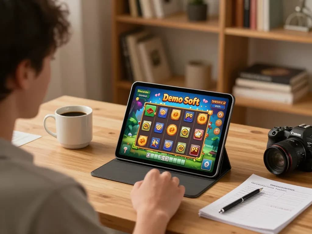 Terlibat dalam Demo Slot PG Soft Mahjong di tablet di ruang kerja rumah yang nyaman.
