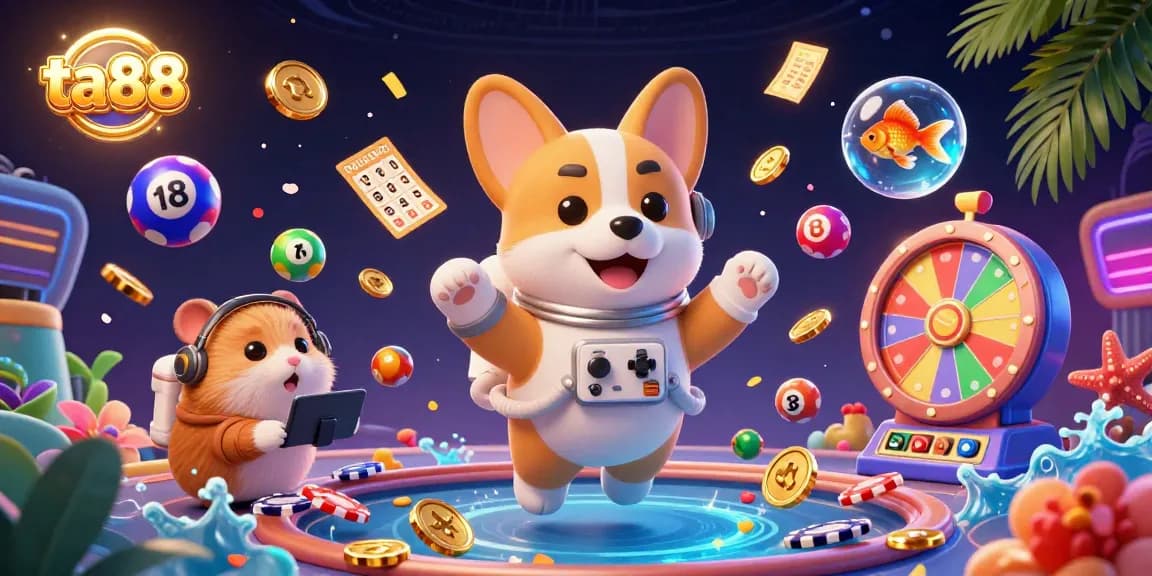 Engage with ta88's exciting gambling theme featuring a corgi astronaut and colorful casino elements.