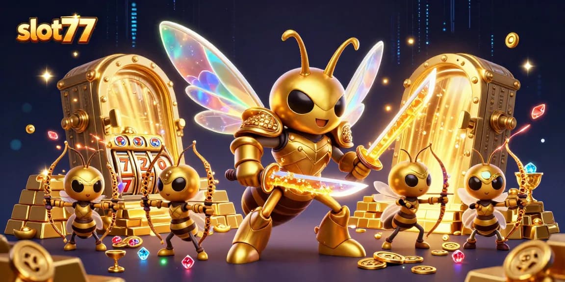 Experience the thrill of slot77 with a dynamic 3D illustration of a golden hornet samurai and treasure vault.