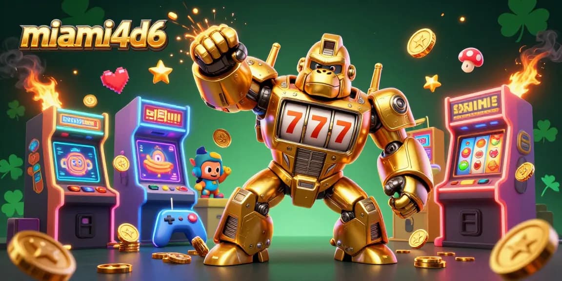 Engage in thrilling wins at miami4d6 with a golden gorilla mech amidst vibrant game elements.