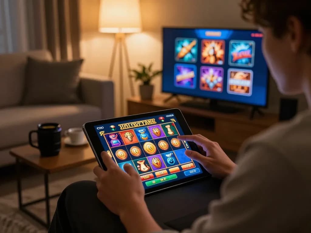 Engaging gameplay on luck88com showing vibrant slot symbols on a tablet screen in a cozy setting.