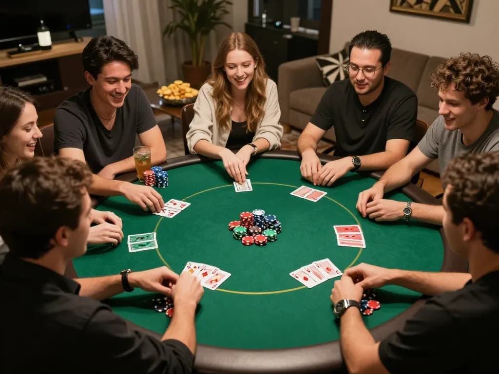Friends enjoying a poker night with intense focus, sunwin gaming strategy in action